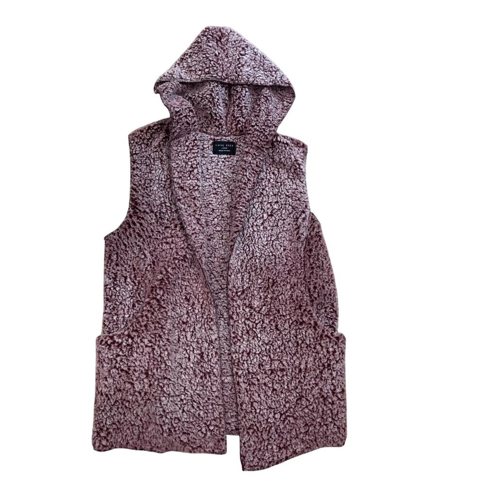 Love Tree Sherpa Vest Women's Size Large Purple‎ Pockets Open Front Hooded